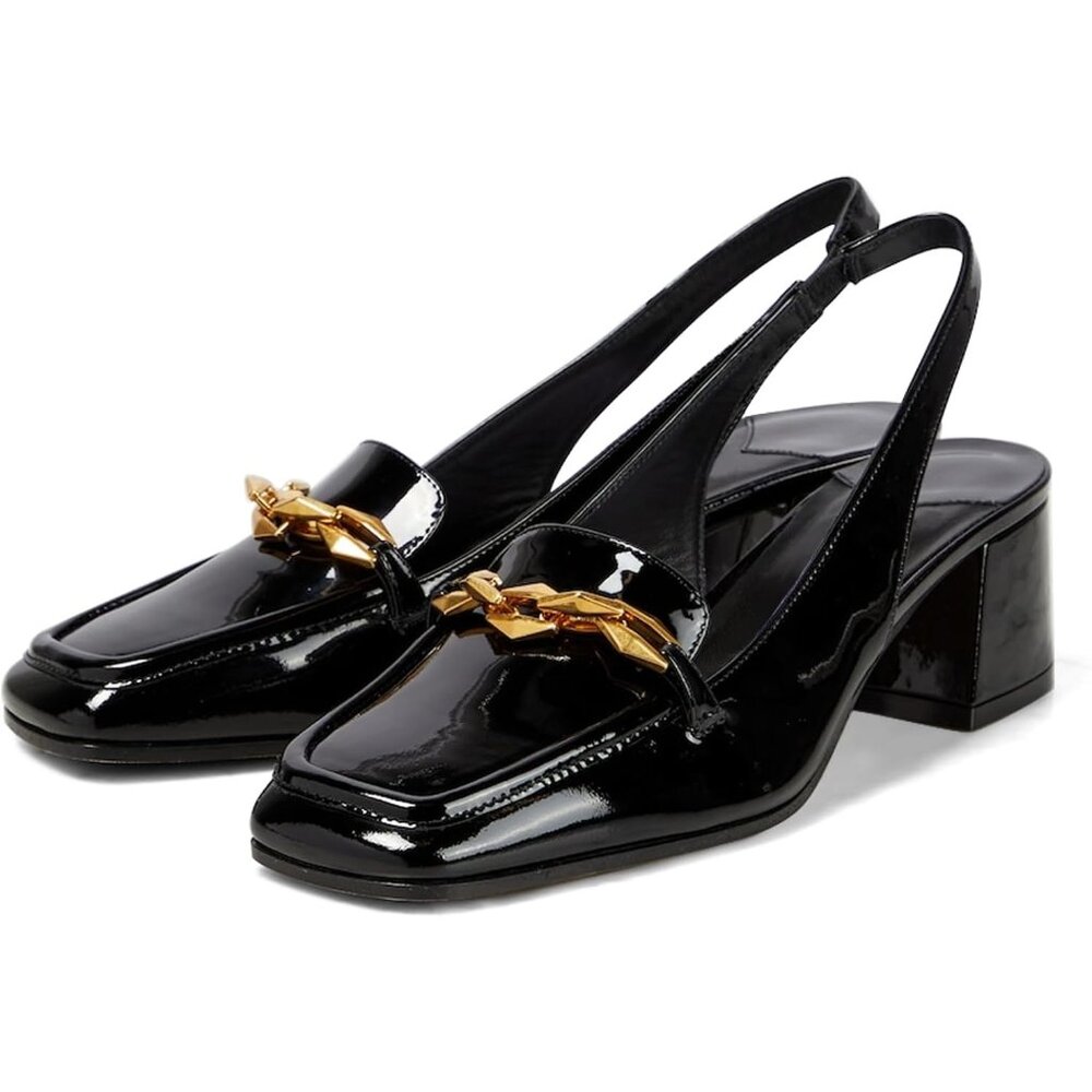 Black Patent Slingback Block Heel Pumps with Gold Chain Detail